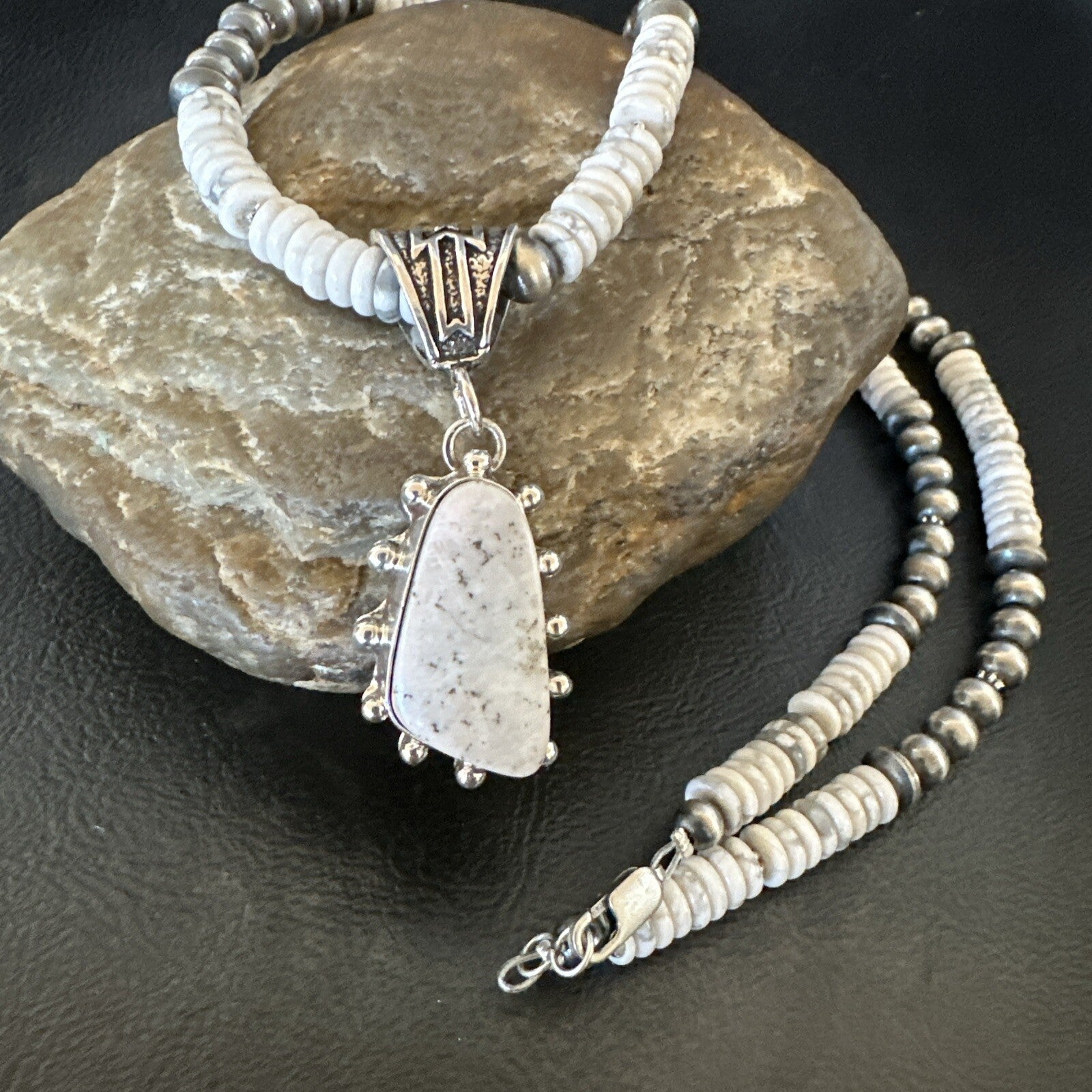 White Buffalo Turquoise Pendant Navajo Pearls Sterling Silver Necklace 22" 18259