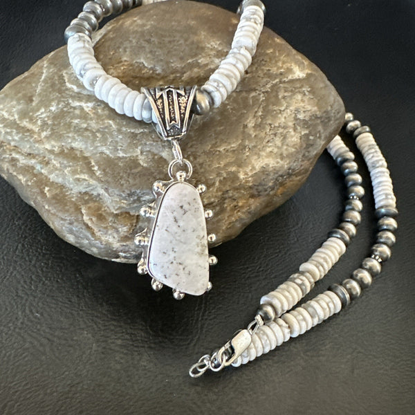 White Buffalo Turquoise Pendant Navajo Pearls Necklace 22" | Sterling Silver | Authentic Native American Handmade | 18259