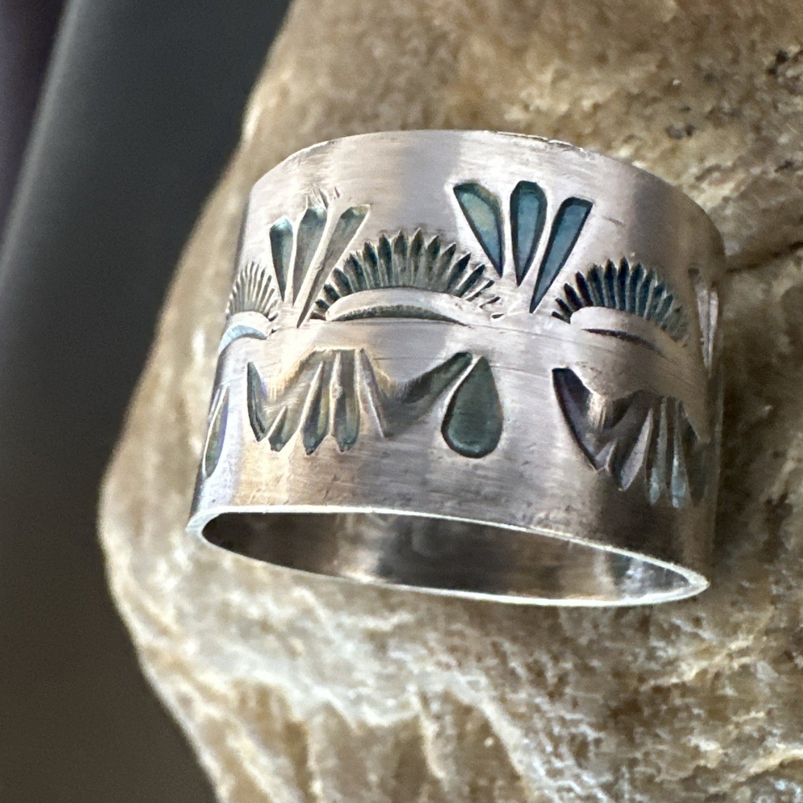 Mens Wedding Wide Band Navajo Stamped Sterling Silver Ring Size 12 19065