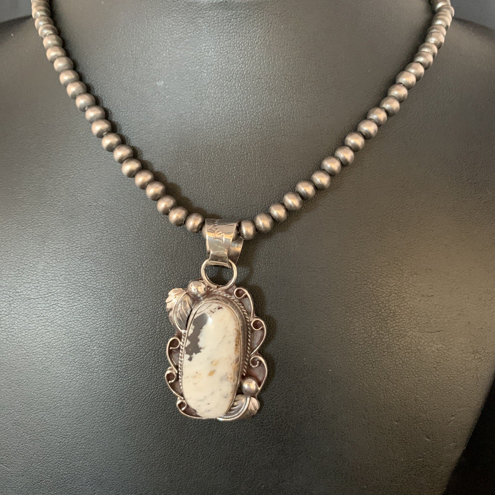 Mens Sterling Silver Beads White Buffalo Turquoise Necklace Pendant 20" 13666
