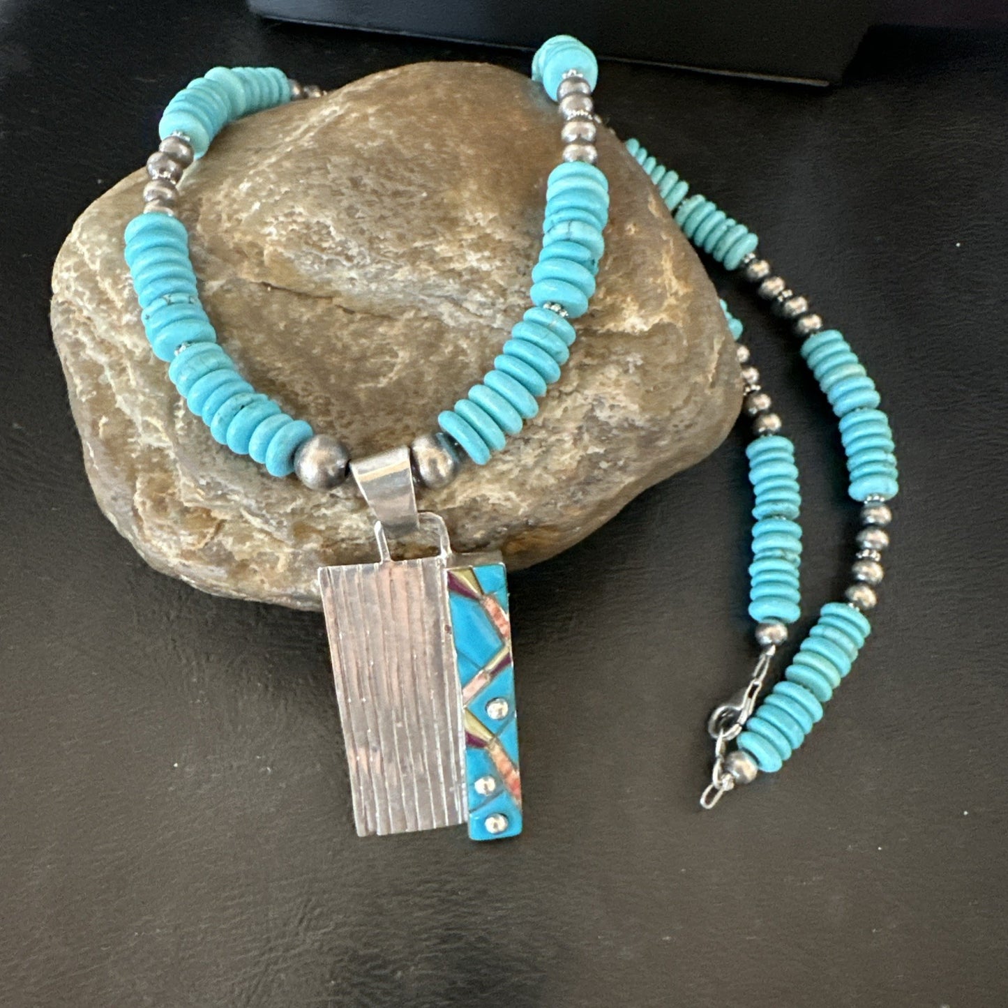 Blue Turquoise Inlay Pendant Navajo Sterling Silver Necklace 20" 19711