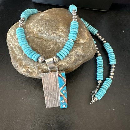 Blue Turquoise Inlay Pendant Navajo Sterling Silver Necklace 20" 19711