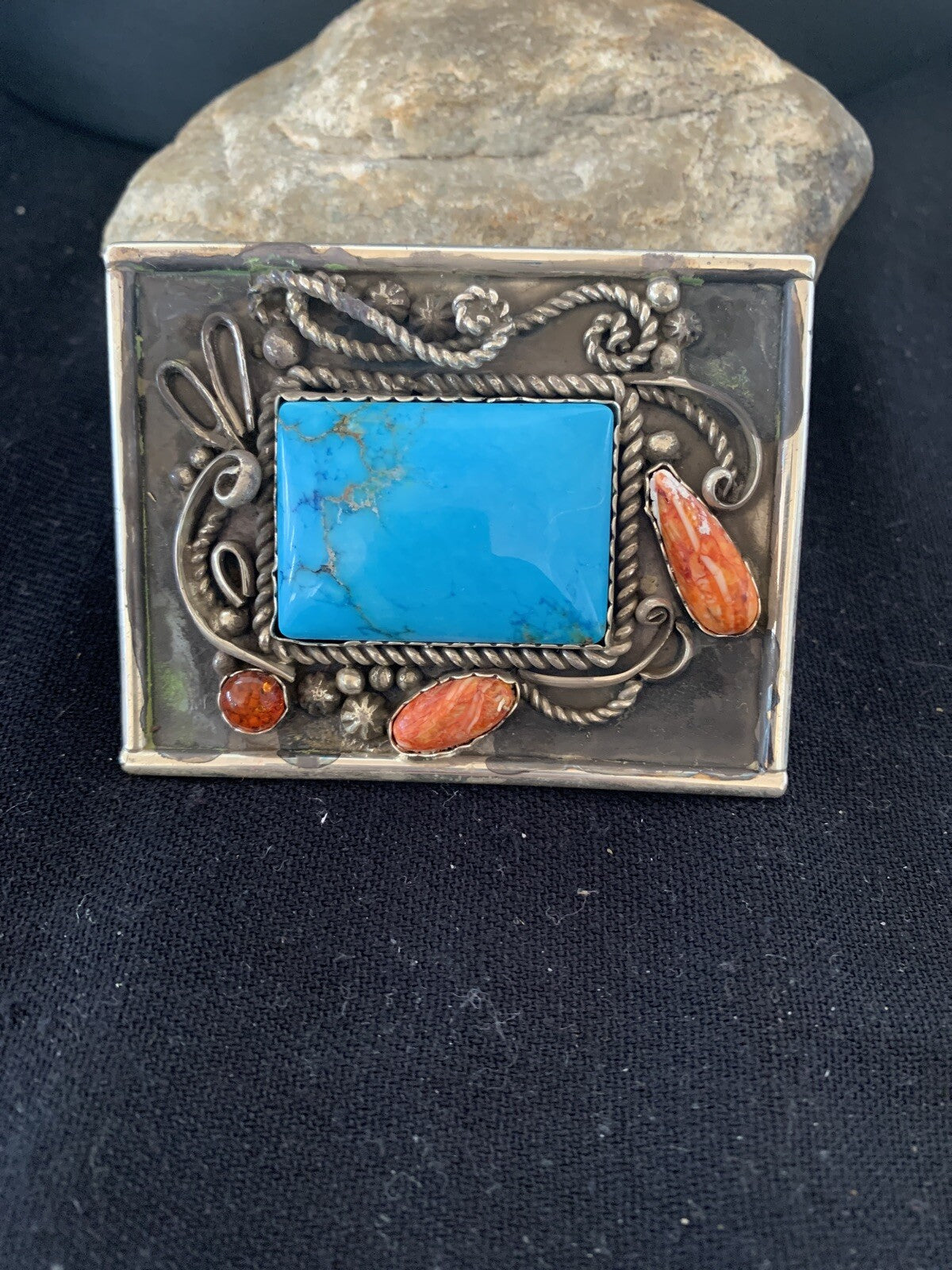 Blue Turquoise Spiny Oyster Navajo Sterling Silver Concho Belt Buckle 00717