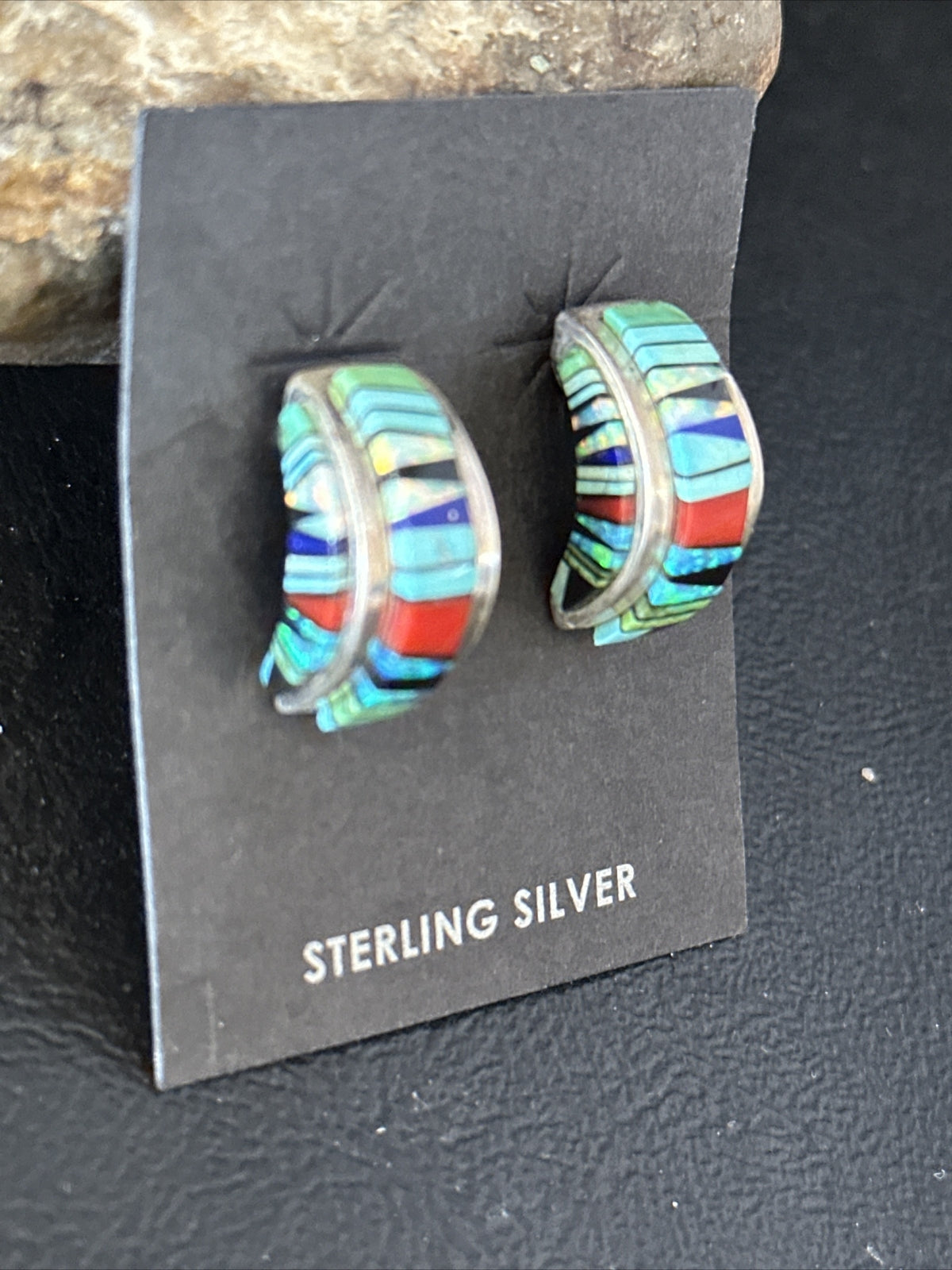 Blue Turquoise & Spiny Oyster Navajo Sterling Silver Inlay Earrings 1” 14765