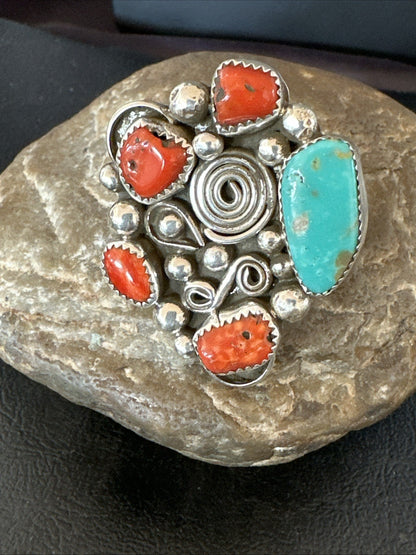 Navajo Blue Turquoise Coral Ring Multi-Stone Cluster Sz 9.5 19778