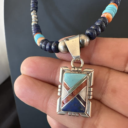 Multicolor Turquoise Coral Navajo Sterling Silver Inlay Pendant Necklace 19651