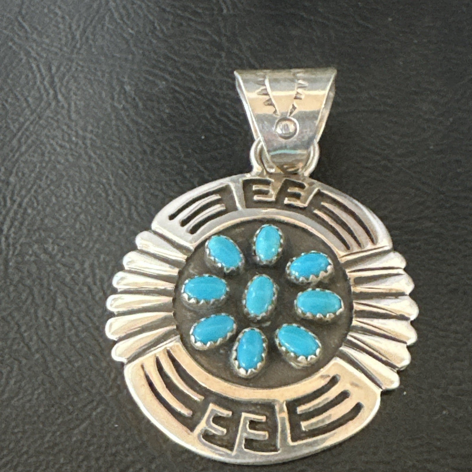 Blue Kingman Turquoise Navajo Sterling Silver Cluster Pendant 2"19285
