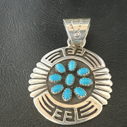 Blue Kingman Turquoise Navajo Sterling Silver Cluster Pendant 2"19285