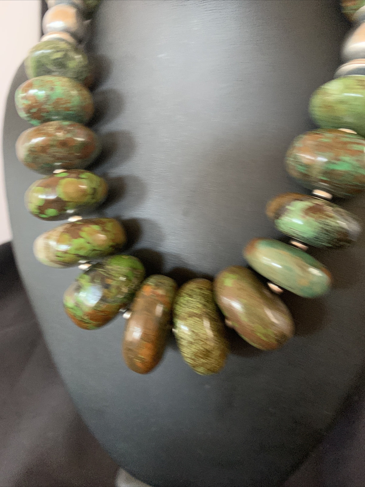Green Natural Turquoise Chunky Graduated Navajo Sterling Silver Necklace 11765