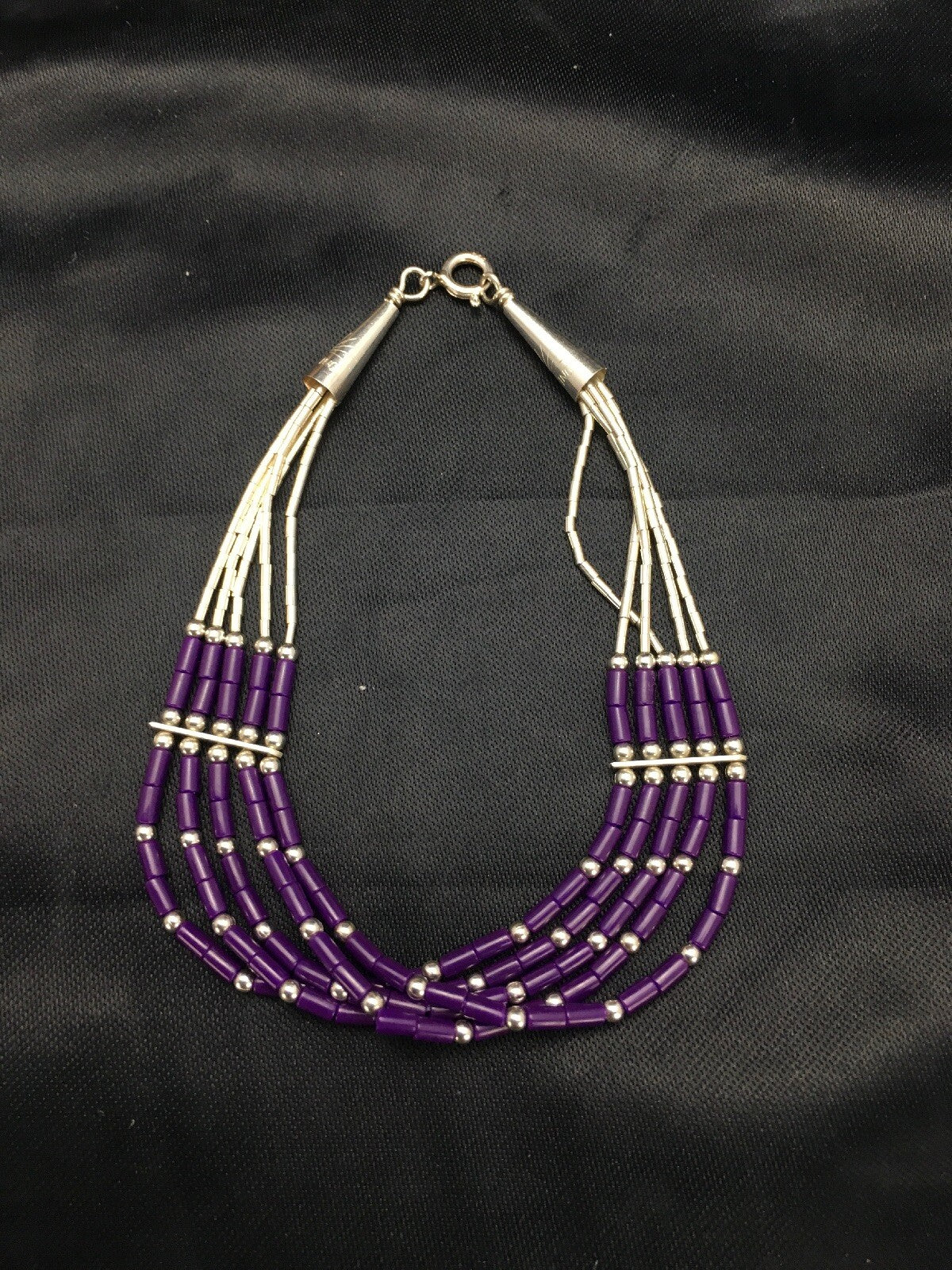 Purple Stone Heishi 5Strand Southwestern Liquid Sterling Silver Bracelet 7" 2933