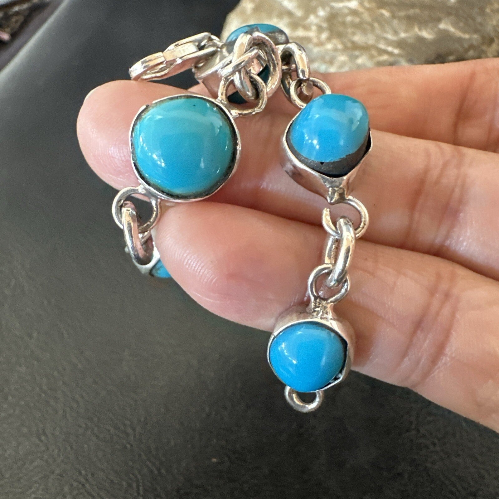 Blue Kingman Turquoise Navajo Sterling Silver Link Bracelet 7” 18299