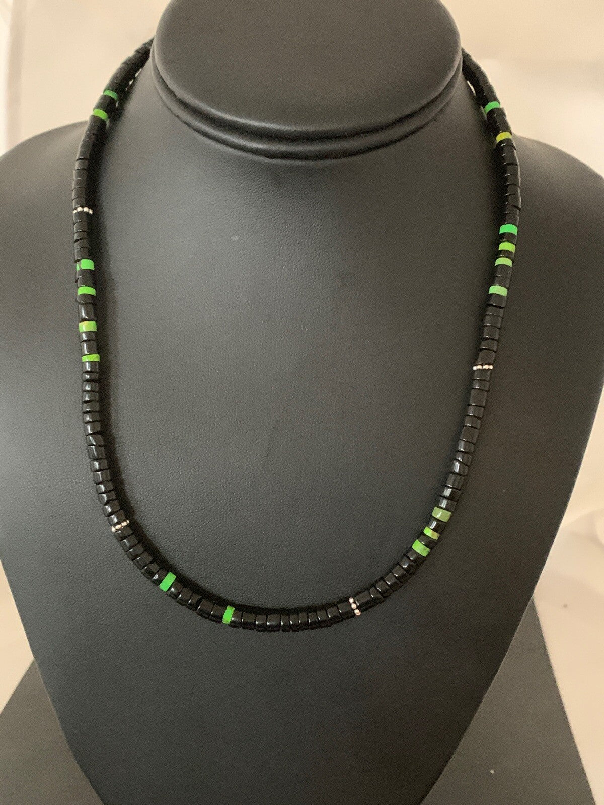 Native Green Turquoise & Onyx Heishi Navajo Sterling Silver Necklace 4687