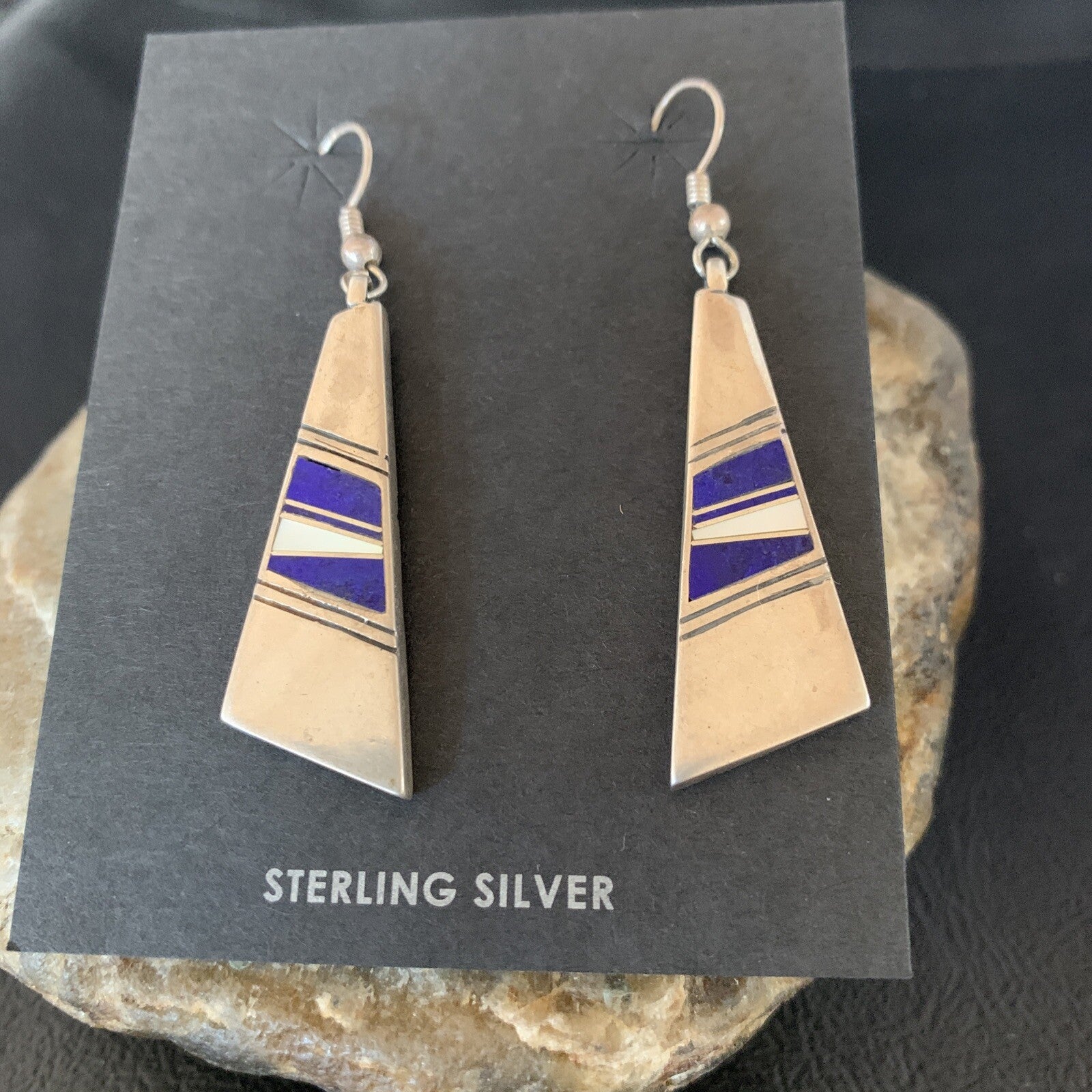 Navajo Inlay Lapis Lazuli Dangle Earrings Sterling Silver 1.5" 13028