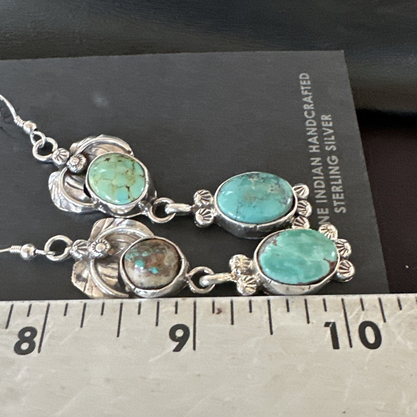 Navajo Green Turquoise Sterling Silver Dangle Earrings 2” 18043