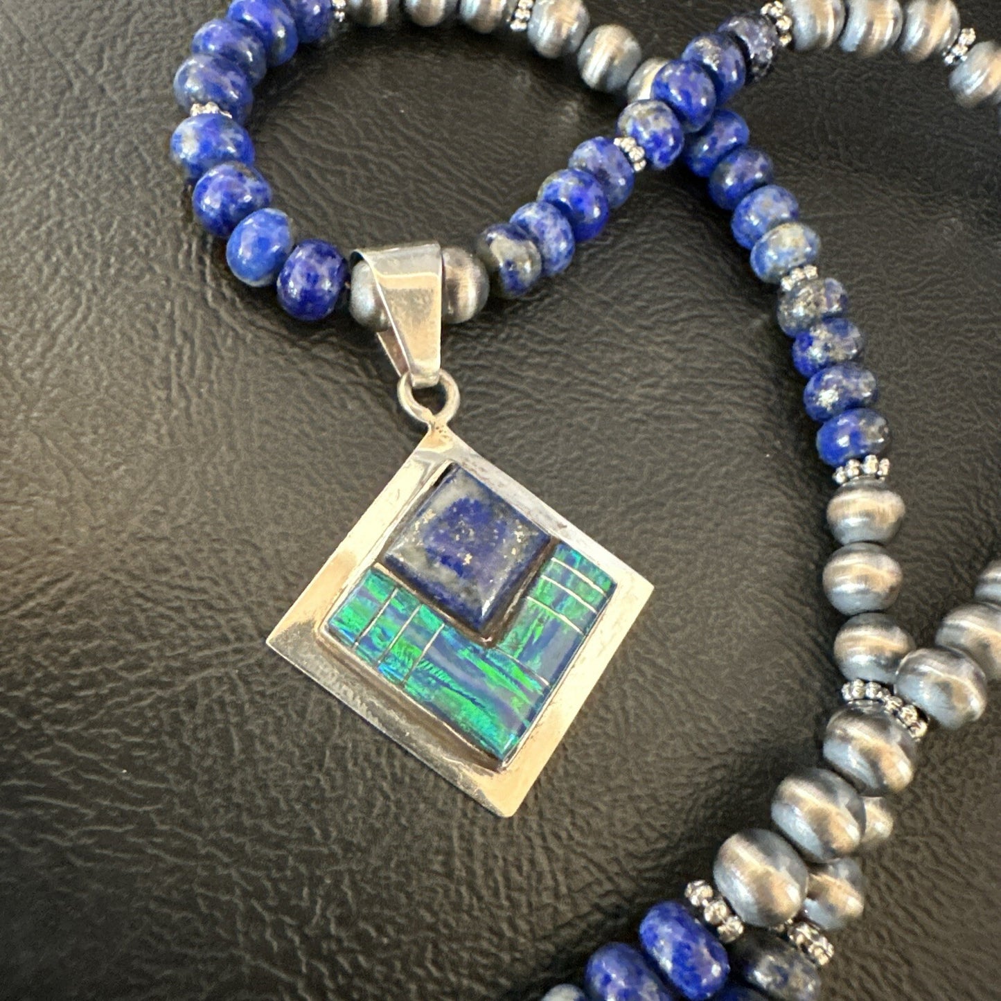 Mens Womens Blue Lapis Opal Navajo Sterling Silver Pendant Necklace 21”18339