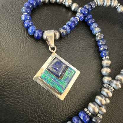 Mens Womens Blue Lapis Opal Navajo Sterling Silver Pendant Necklace 21”18339