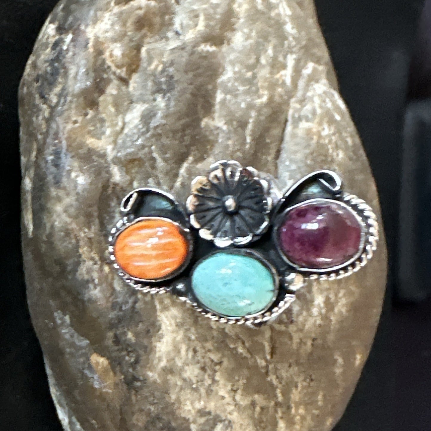 Multicolor Ring Turquoise Spiny Navajo Sterling Silver Cluster Size 7 19178