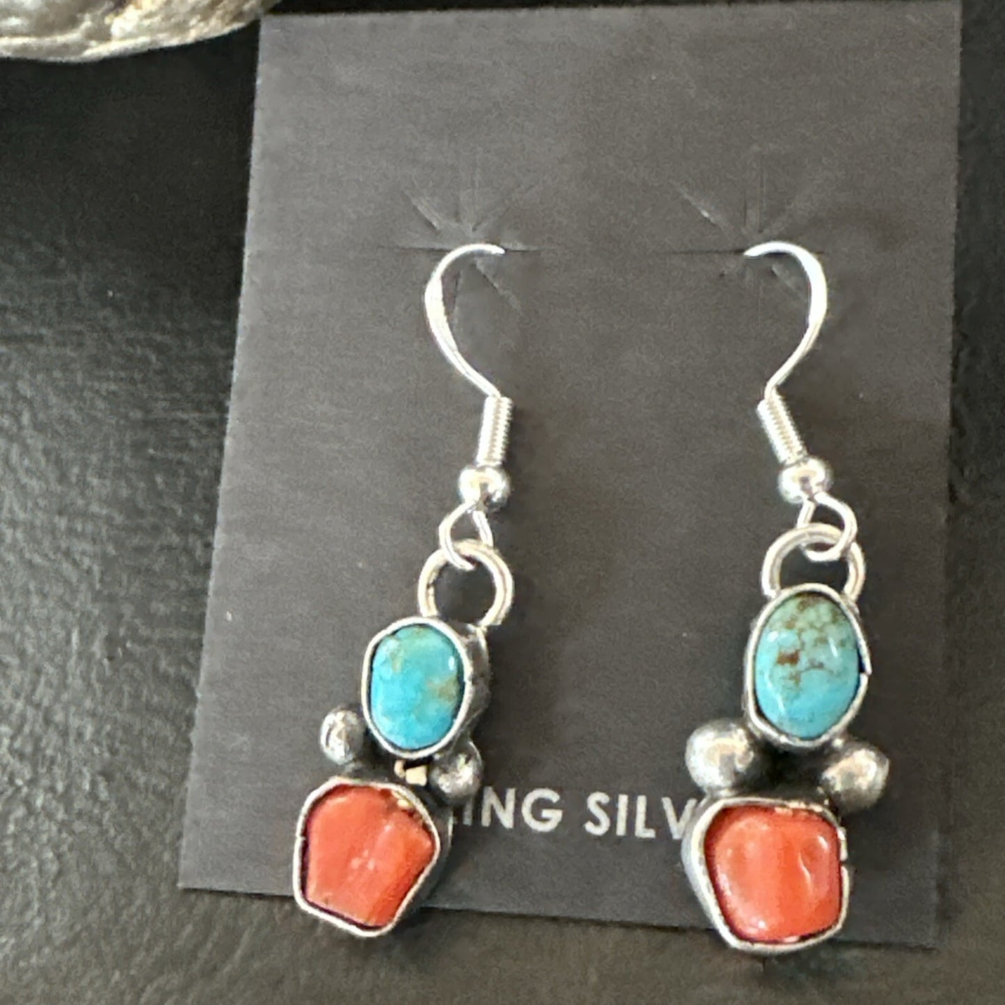 Handmade Blue Turquoise Red Coral Sterling Silver Navajo Dangle Earrings 18840