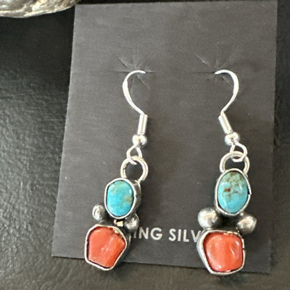 Handmade Blue Turquoise Red Coral Sterling Silver Navajo Dangle Earrings 18840