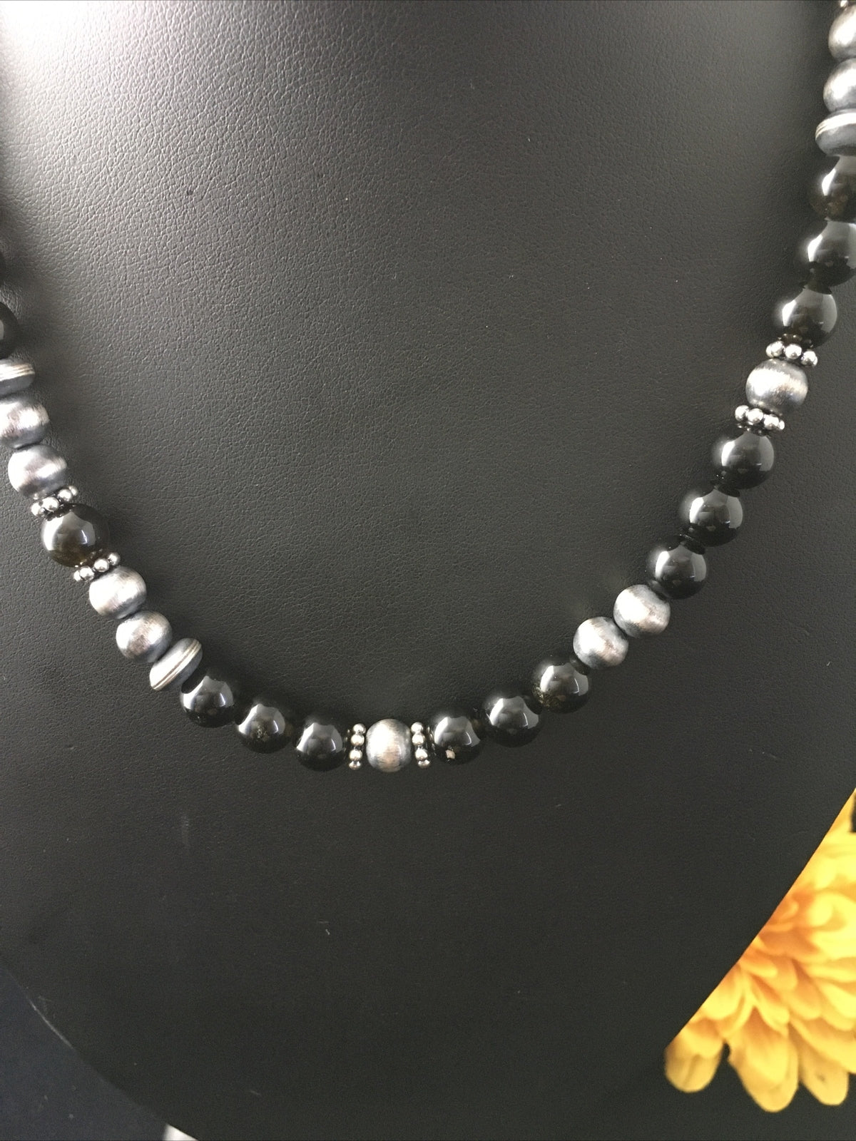 Mens Black Onyx Navajo Sterling Silver Bead Necklace 1743