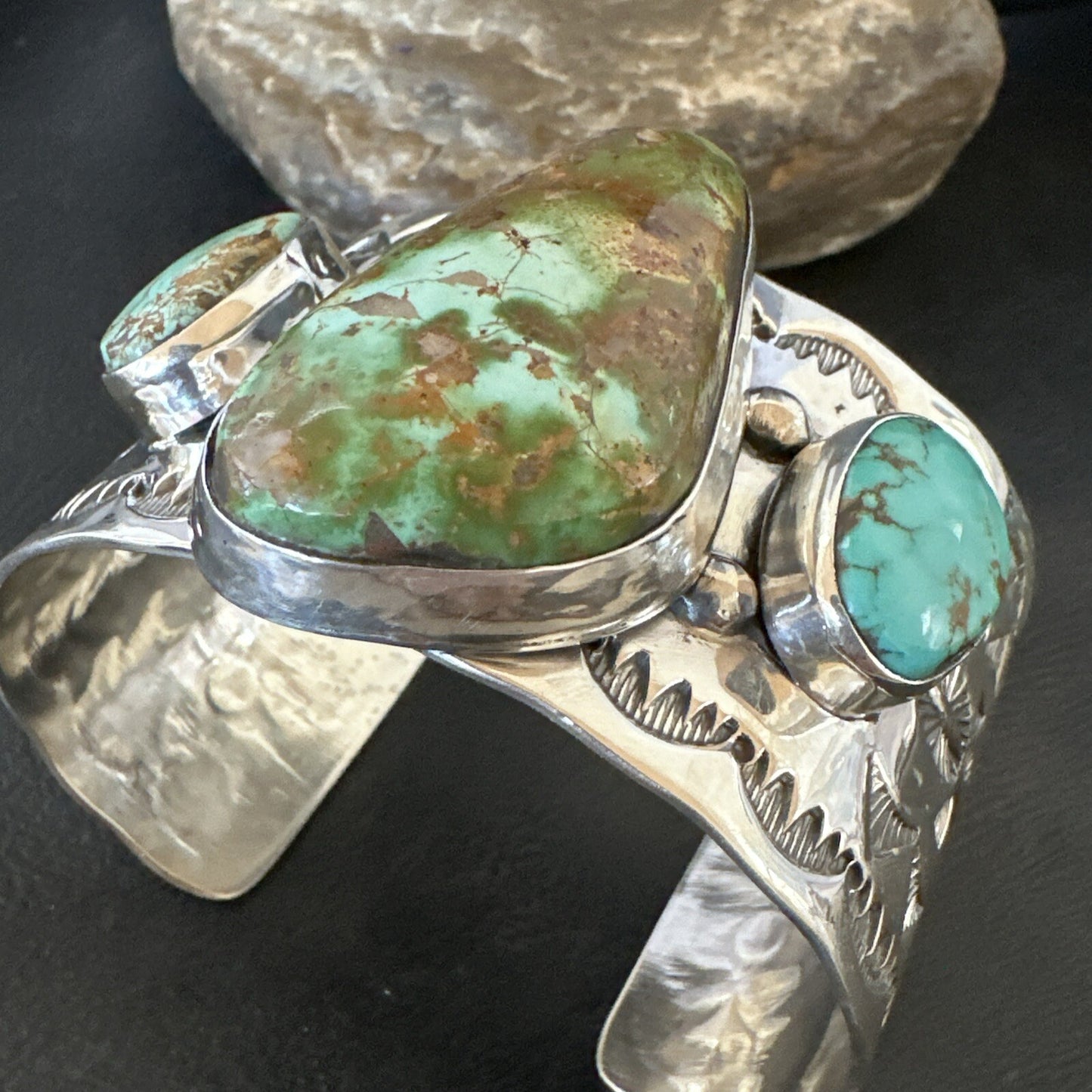 Navajo Green Royston TURQUOISE Stamped Sterling Silver Cuff Bracelet 17938