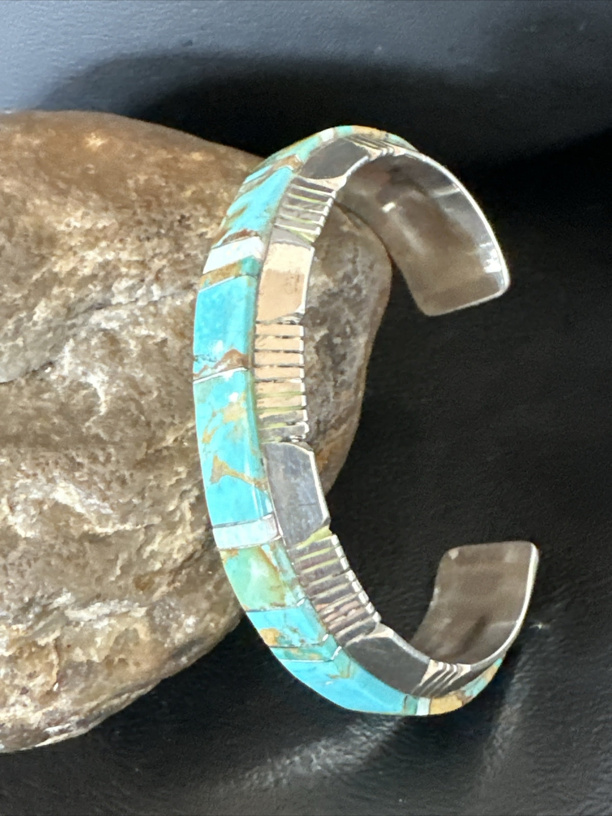Blue Turquoise Opal Navajo Sterling Silver Cuff Inlay Bracelet 17958