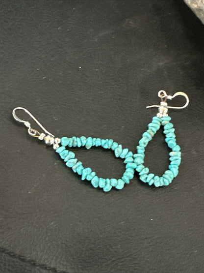 Blue Turquoise Nugget Sterling Silver Beads Navajo Earrings 1" 17900