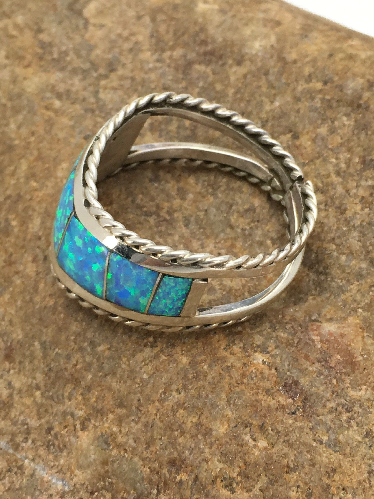 Native American Navajo Sterling Silver Blue Opal Inlay Ring Set7.75 02785