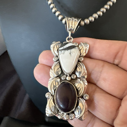White Buffalo Turquoise  Purple Stone Pendant Navajo Sterling Silver 18036
