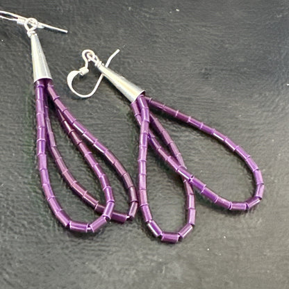 Purple Stone 2 Strands Heishi Sterling Silver Dangle Earrings 17929