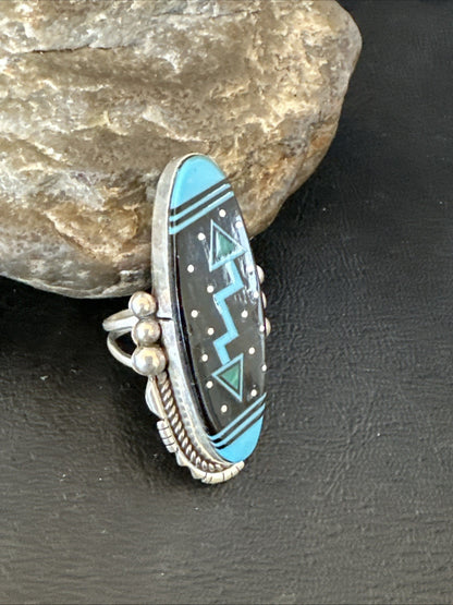 Cosmic Inlay Black Onyx Blue Turquoise Navajo Sterling Silver Ring Sz 9.5 19790