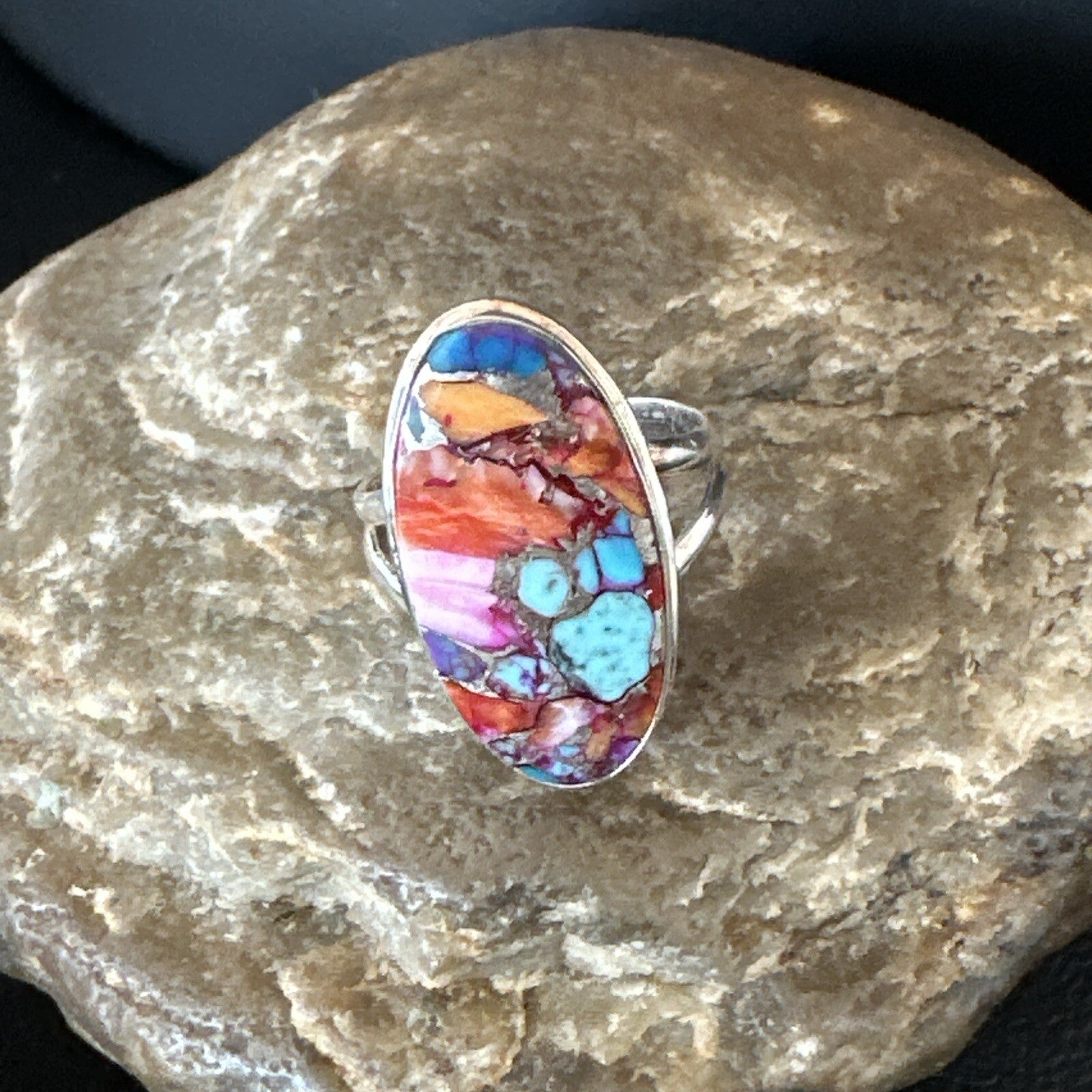 Blue Turquoise Spiny Oyster Navajo Sterling Silver Ring Size 8 18214