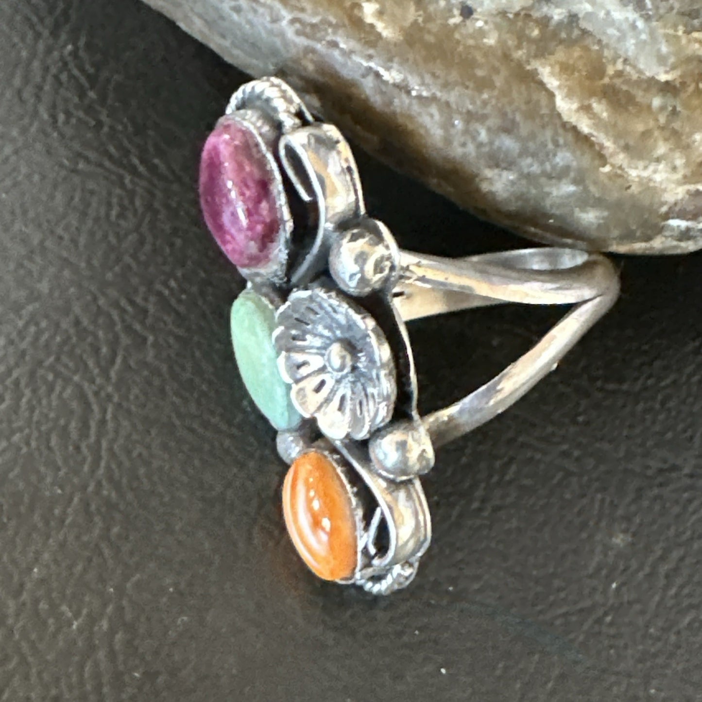 Multicolor Ring Turquoise Spiny Navajo Sterling Silver Cluster Size 9 19174