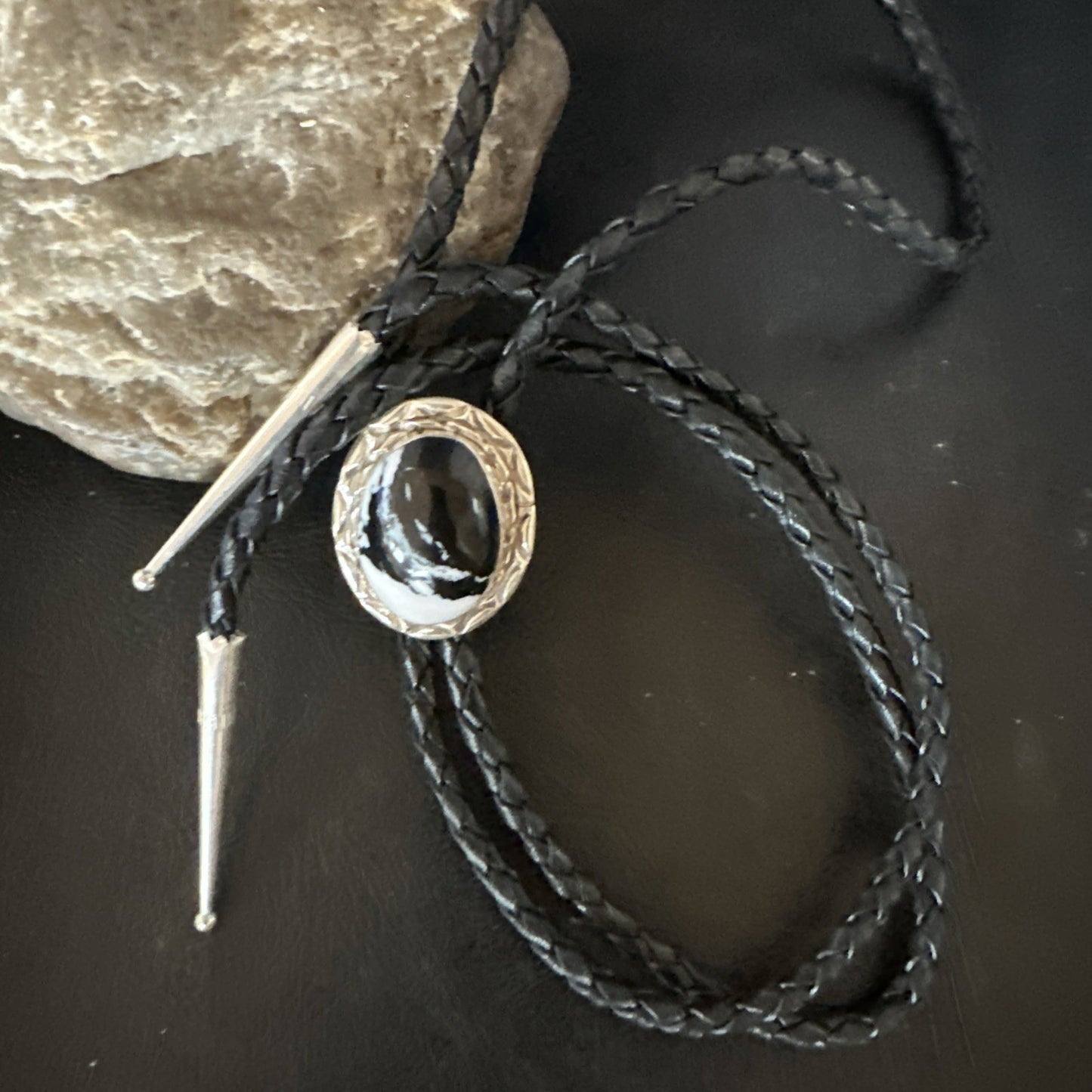 Mens BOLO TIE WHITE BUFFALO TURQUOISE Sterling Silver Navajo 1" 19123