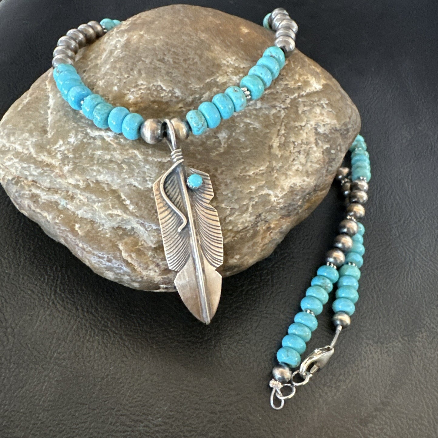 Mens Feather Turquoise Pendant Navajo Sterling Silver Necklace 18060