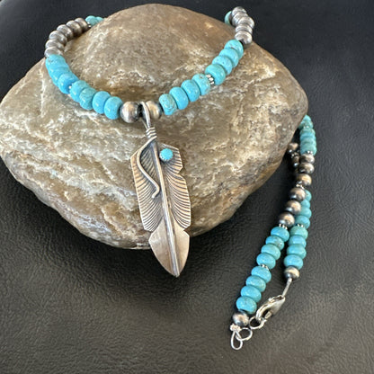 Mens Feather Turquoise Pendant Navajo Sterling Silver Necklace 18060