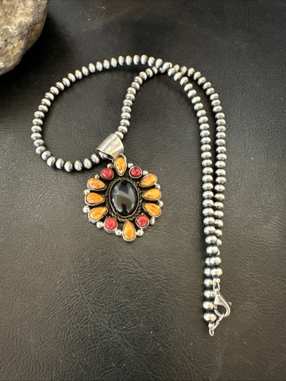 Onyx Coral Orange Spiny Navajo Sterling Silver Cluster Pendant Necklace 19566