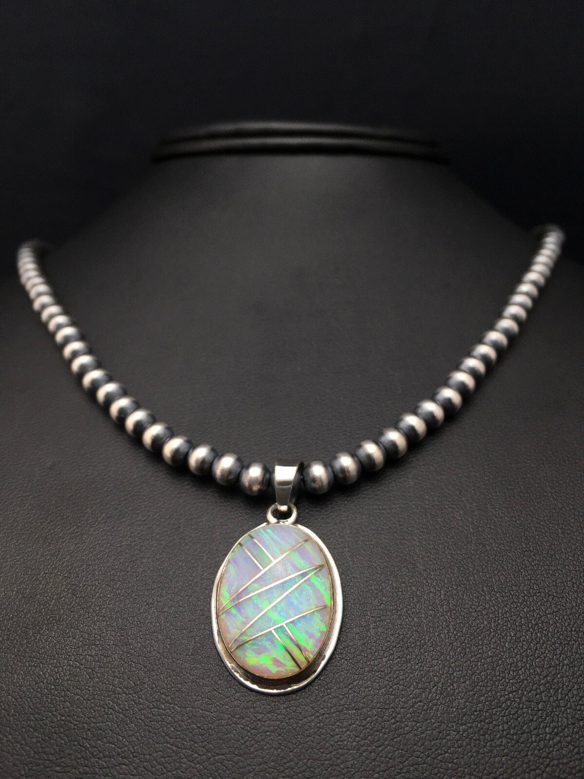Native Opal Inlay Pendant Navajo Pearls Sterling Silver Necklace 4400