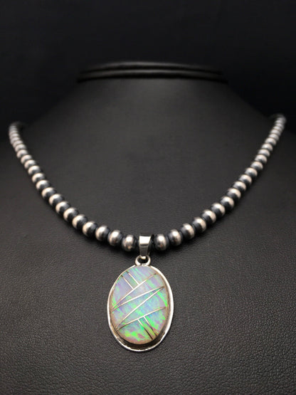 Native Opal Inlay Pendant Navajo Pearls Sterling Silver Necklace 4400