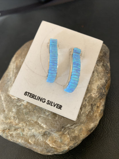 Blue Opal Inlay Navajo Sterling Silver Hoop Earrings 1" 1718