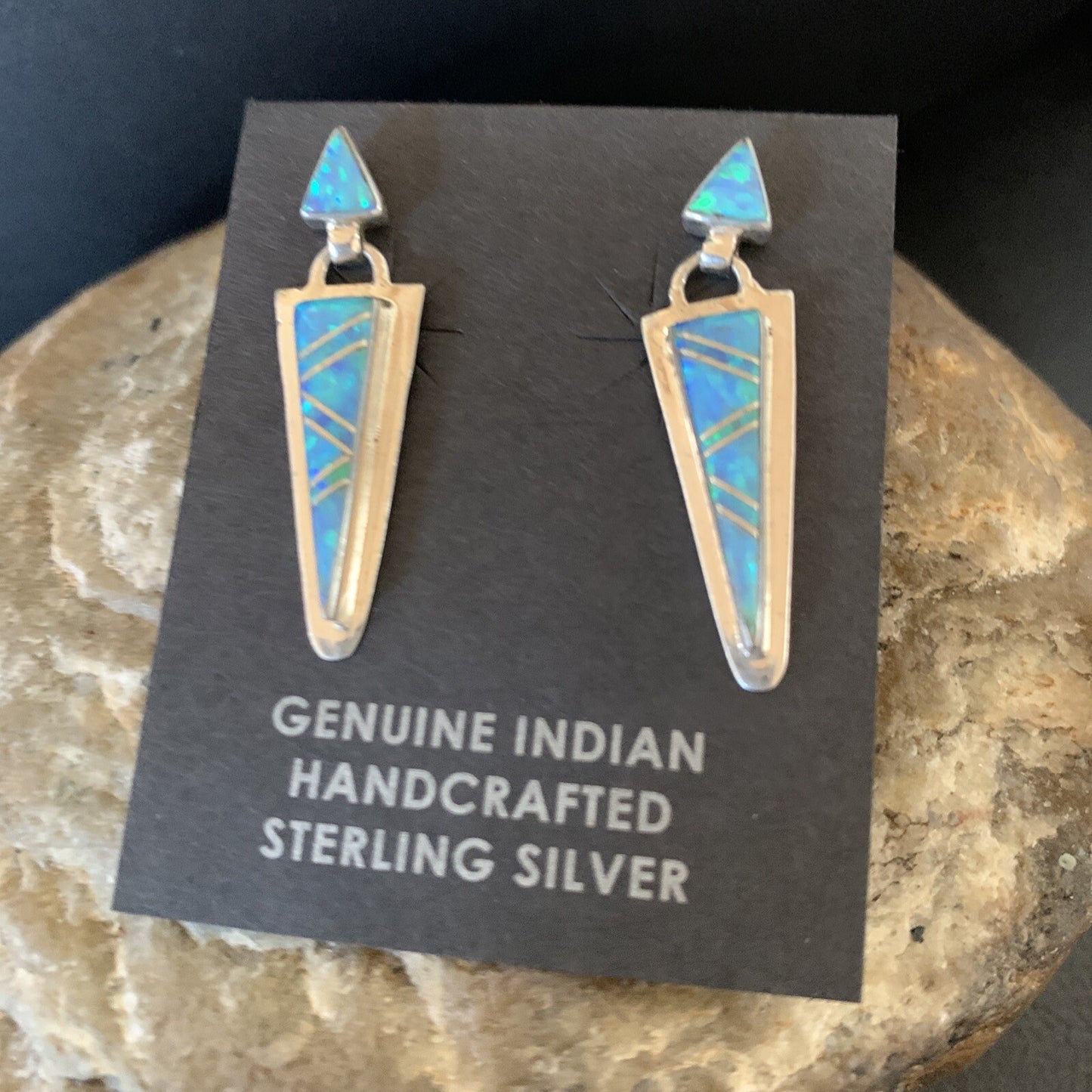 Native Womens Blue Opal Inlay Navajo Sterling Silver Dangle Earrings 12777