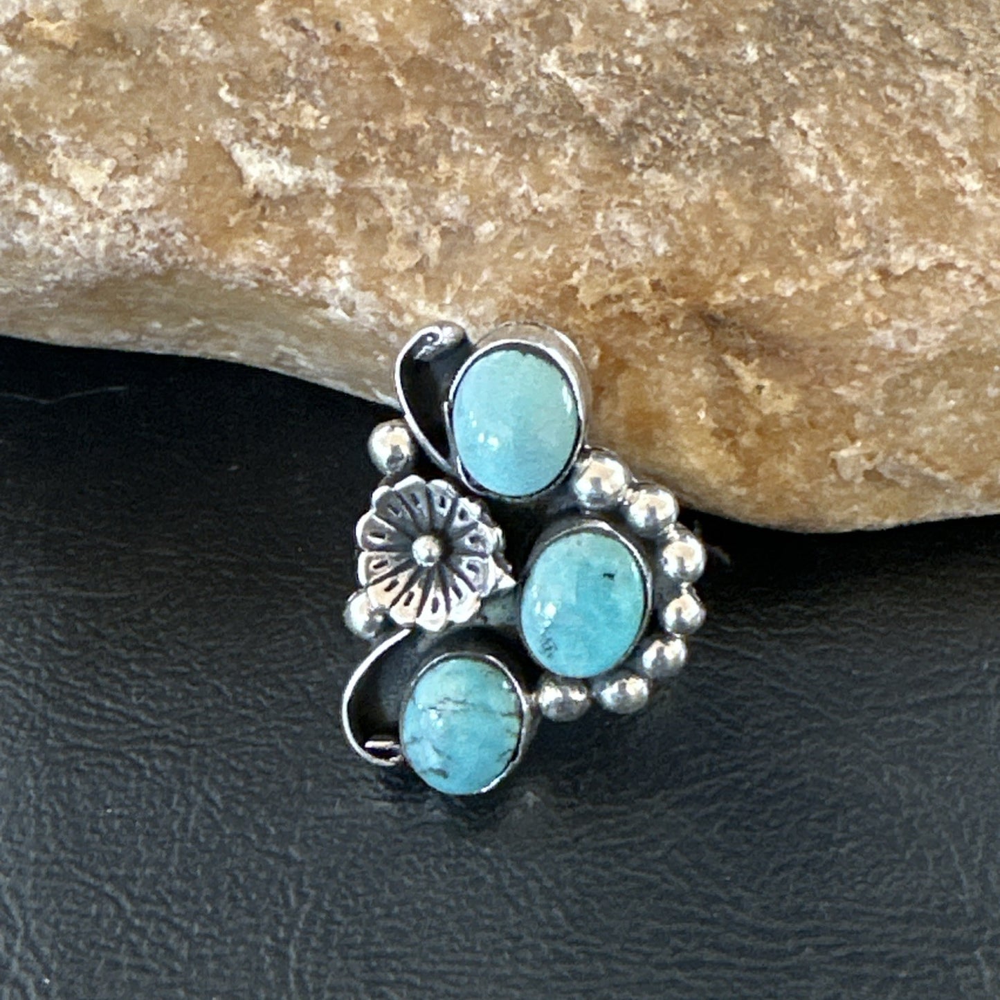 Yazzie Ring Blue Turquoise Navajo Sterling Silver Cluster Size 9 19217