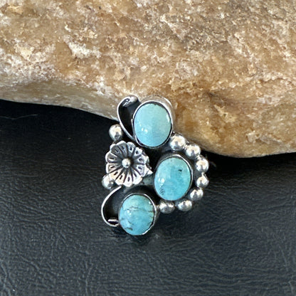 Yazzie Ring Blue Turquoise Navajo Sterling Silver Cluster Size 9 19217