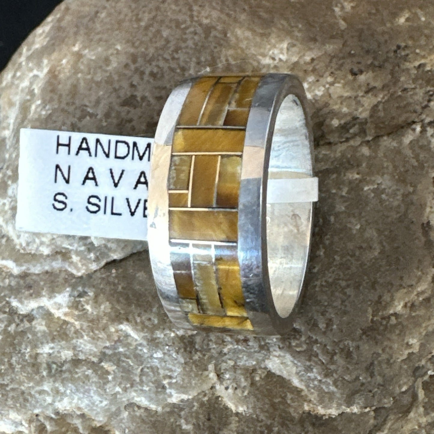 Infinity Mens Band Tigers Eye Navajo Sterling Silver Inlay Ring Size 10 19050