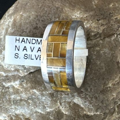 Infinity Mens Band Tigers Eye Navajo Sterling Silver Inlay Ring Size 10 19050