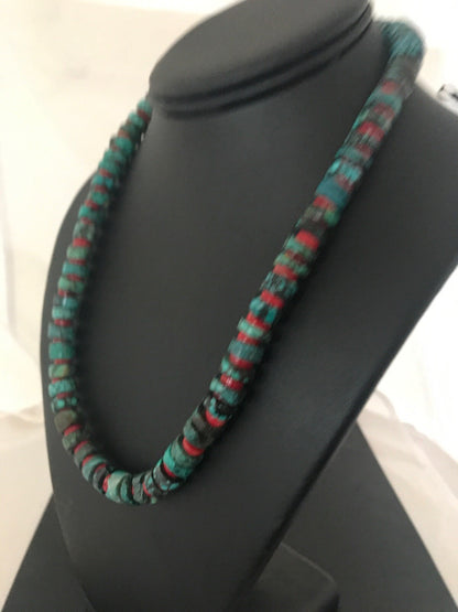 Navajo Mens  Sterling Silver Heishi Turquoise Coral Necklace 8506