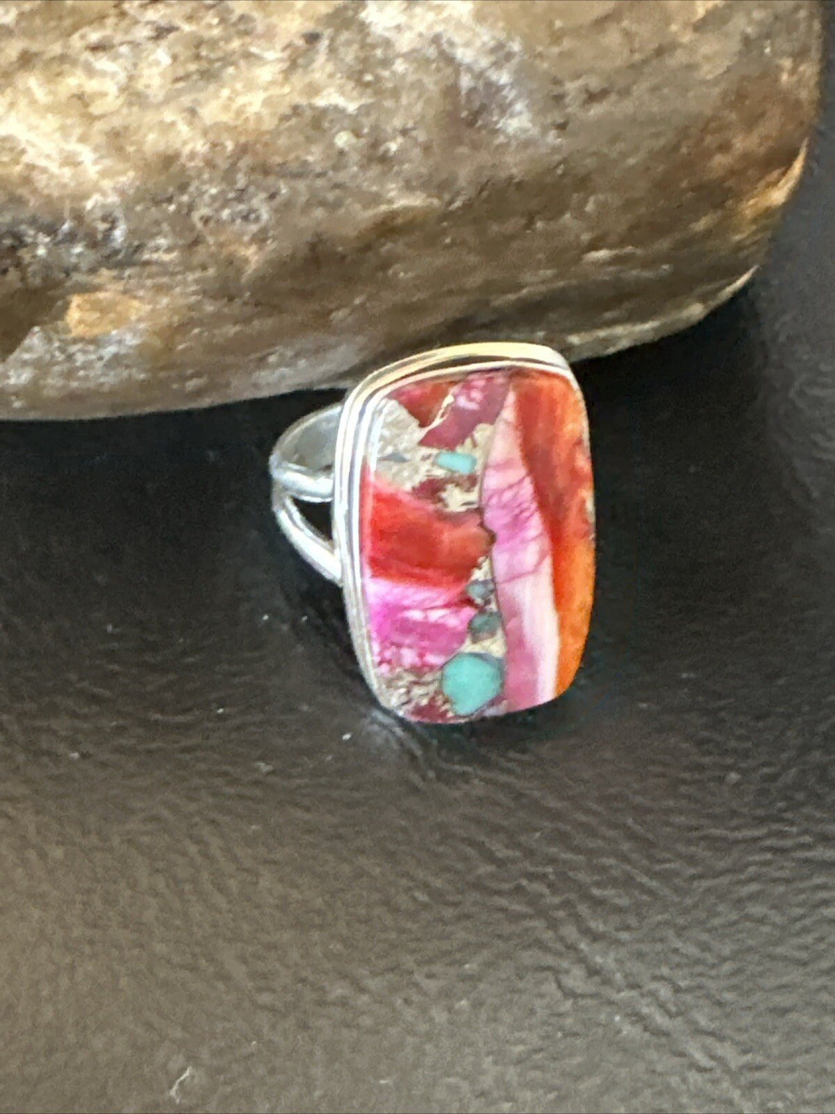 Blue Turquoise Spiny Oyster Southwestern Sterling Silver Ring Size 8 18487