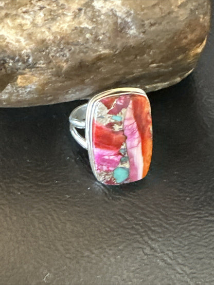 Blue Turquoise Spiny Oyster Southwestern Sterling Silver Ring Size 8 18487