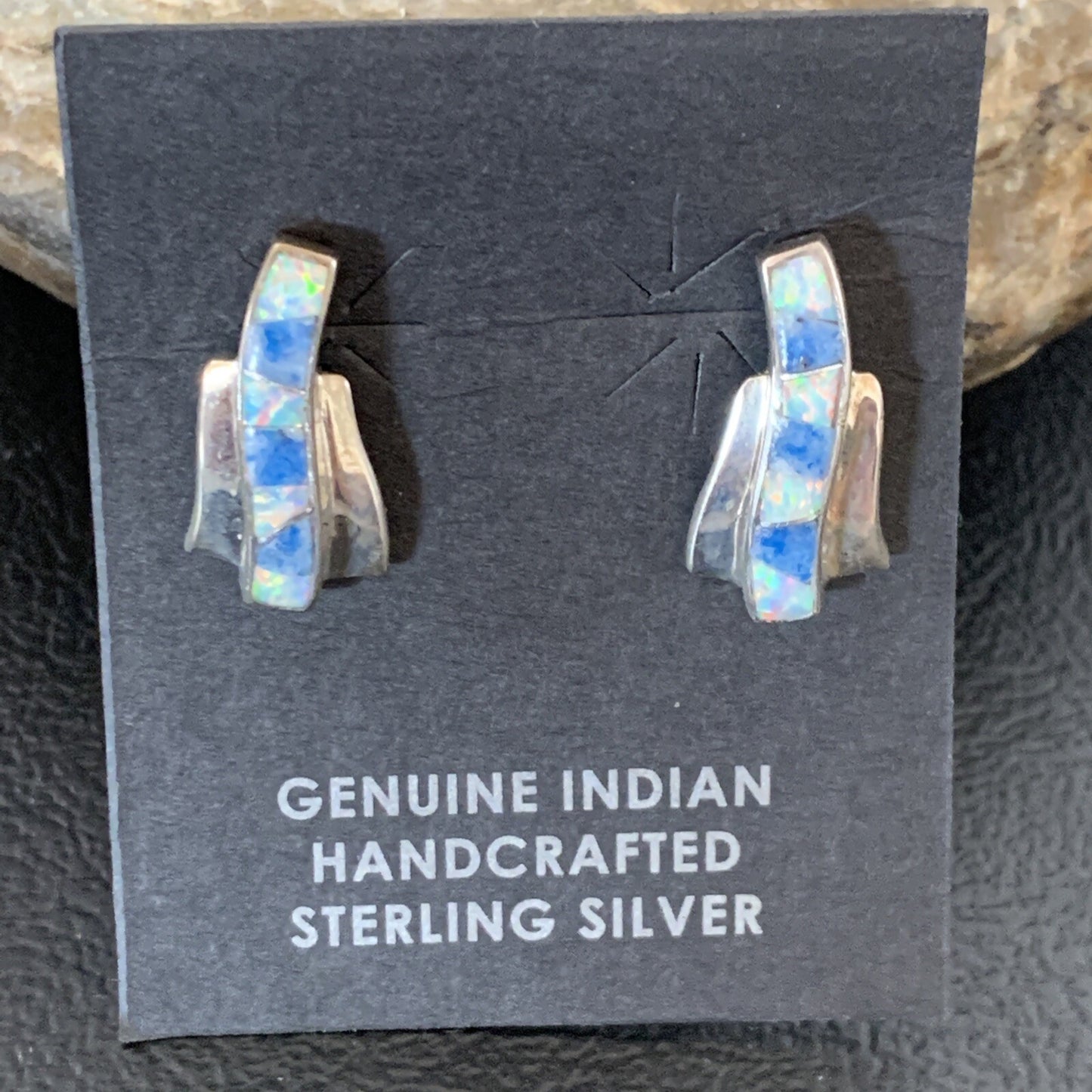Women Blue Denim Lapis & White Opal Navajo Sterling Silver Inlay Earrings 128900