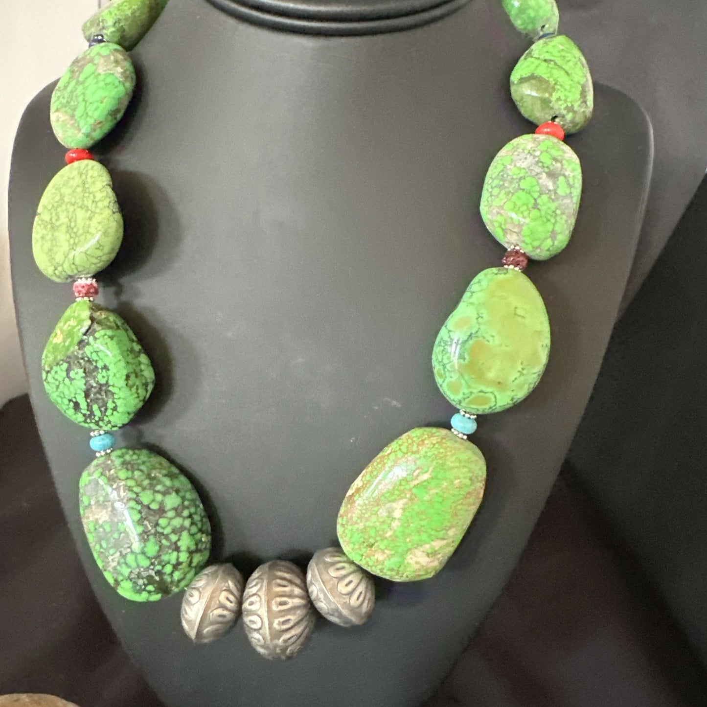 Green Turquoise Chunky Multicolor Southwest Sterling Silver Necklace 21" 19251